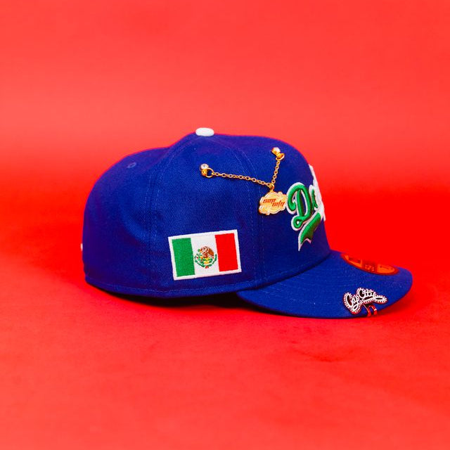 NEW ERA EXCLUSIVE 59FIFTY BLUE LOS ANGELES DODGERS SCRIPT W/ MEXICAN FLAG LOGO + MEXICO FLAG SIDE PATCH