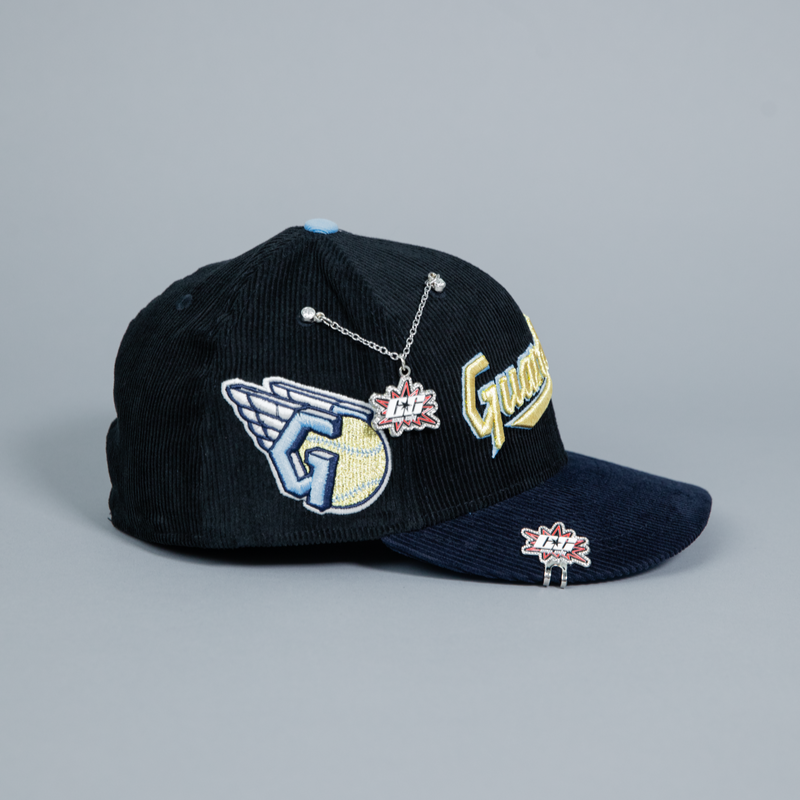 NEW ERA EXCLUSIVE 59FIFTY BLACK/ NAVY CORDUROY CLEVELAND GUARDIANS SCRIPT W/ GUARDIANS LOGO SIDE PATCH