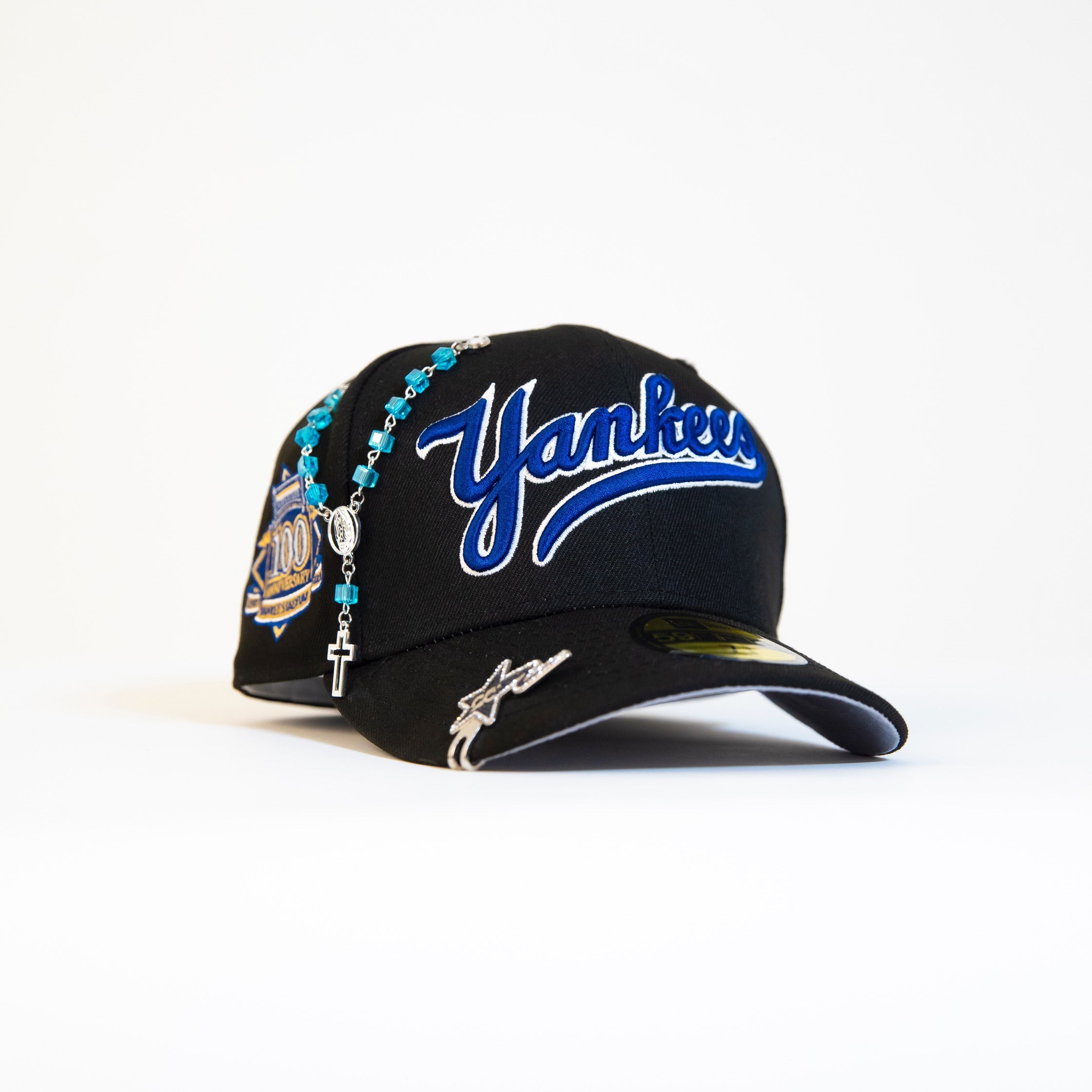 NEW ERA EXCLUSIVE 59FIFTY BLACK NEW YORK YANKEES SCRIPT W/ 100TH ANNIVERSARY SIDE PATCH