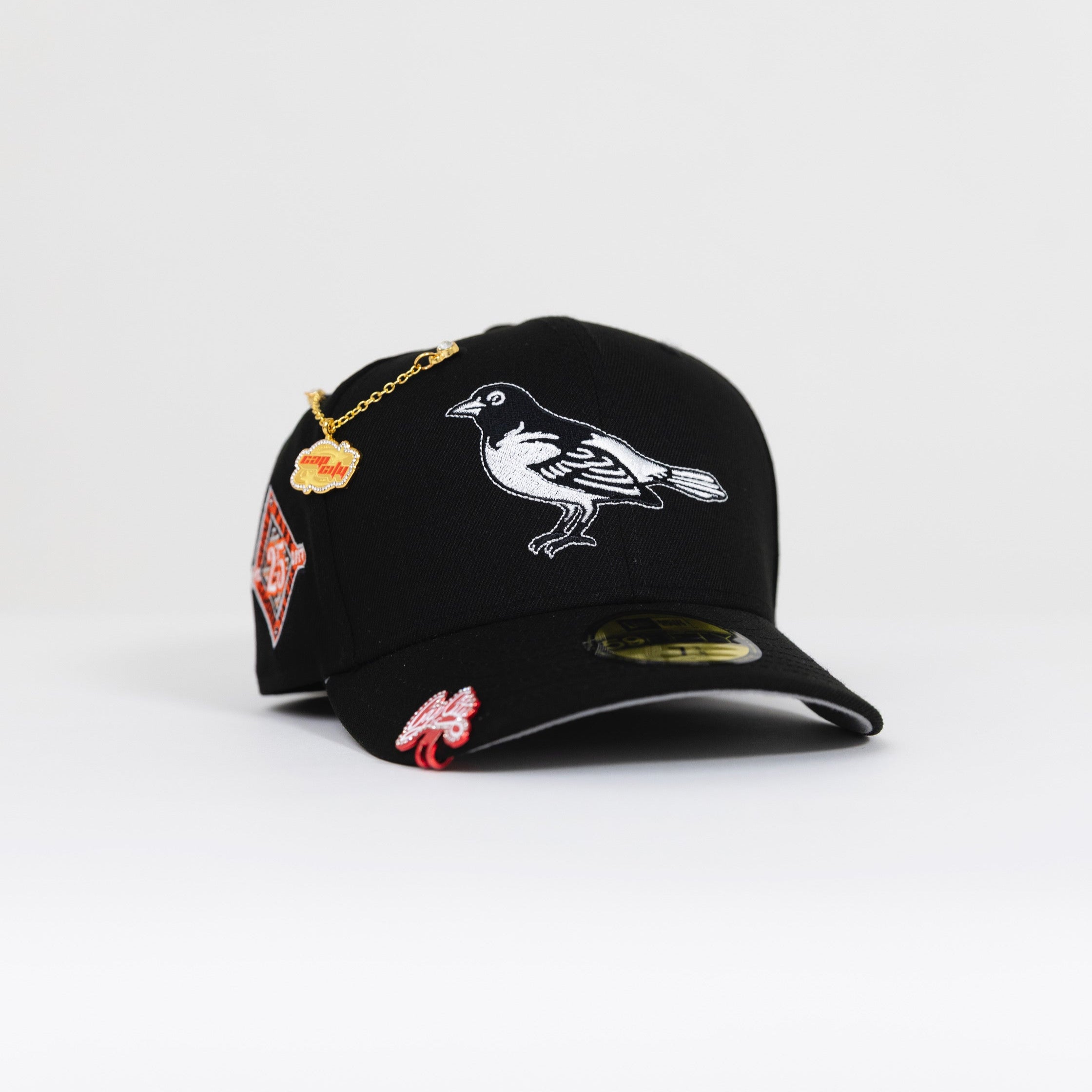 NEW ERA EXCLUSIVE 59FIFTY BLACK BALTIMORE ORIOLES W/ 25TH ANNIVERSARY SIDE PATCH