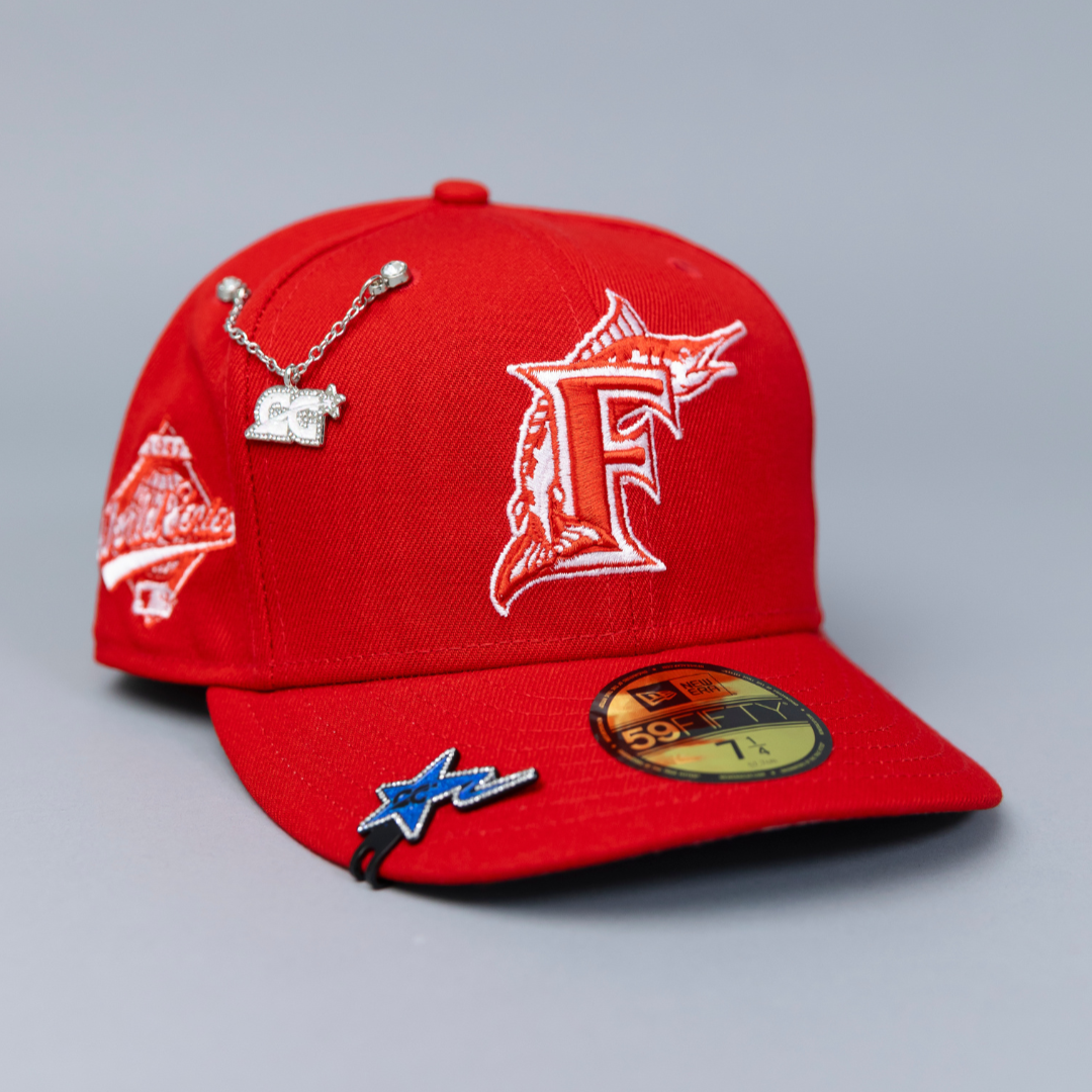 NEW ERA EXCLUSIVE 59FIFTY RED FLORIDA MARLINS W/ 1997 WORLD SERIES SIDE PATCH