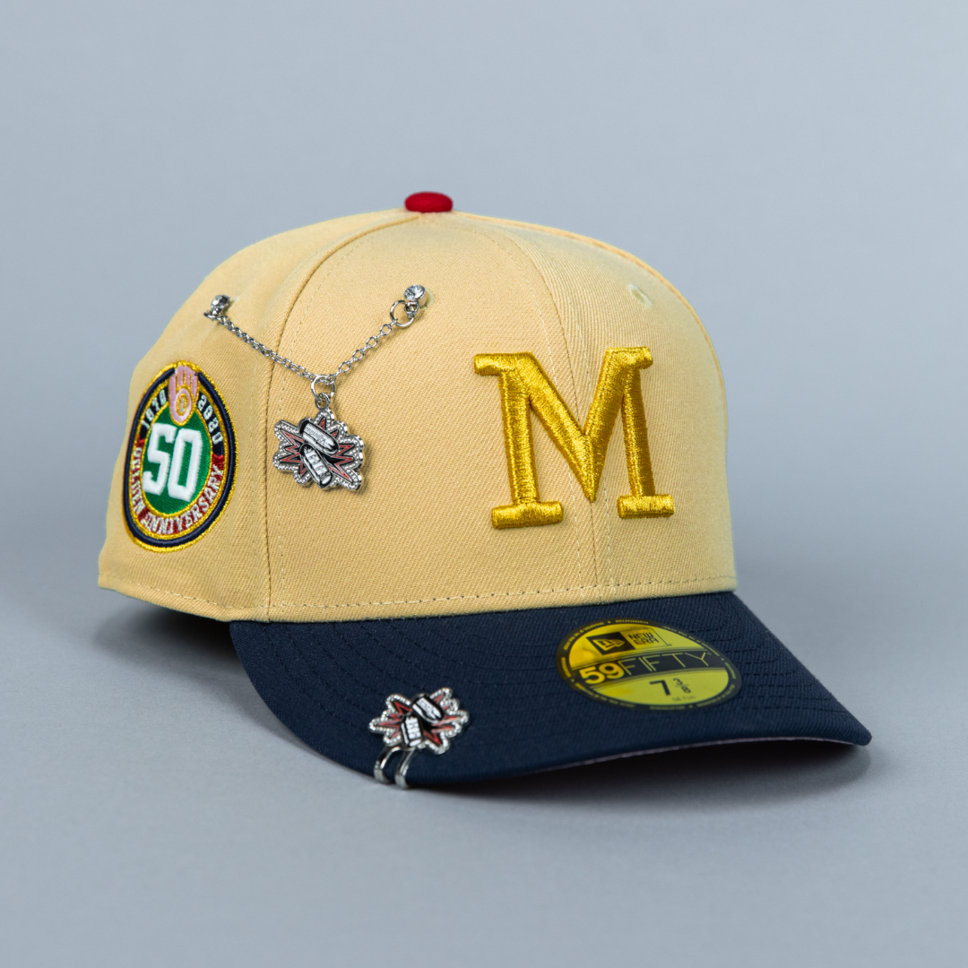 NEW ERA EXCLUSIVE 59FIFTY VEGAS GOLD/ NAVY MILWAUKEE BREWERS W/ 50TH ANNIVERSARY SIDE PATCH