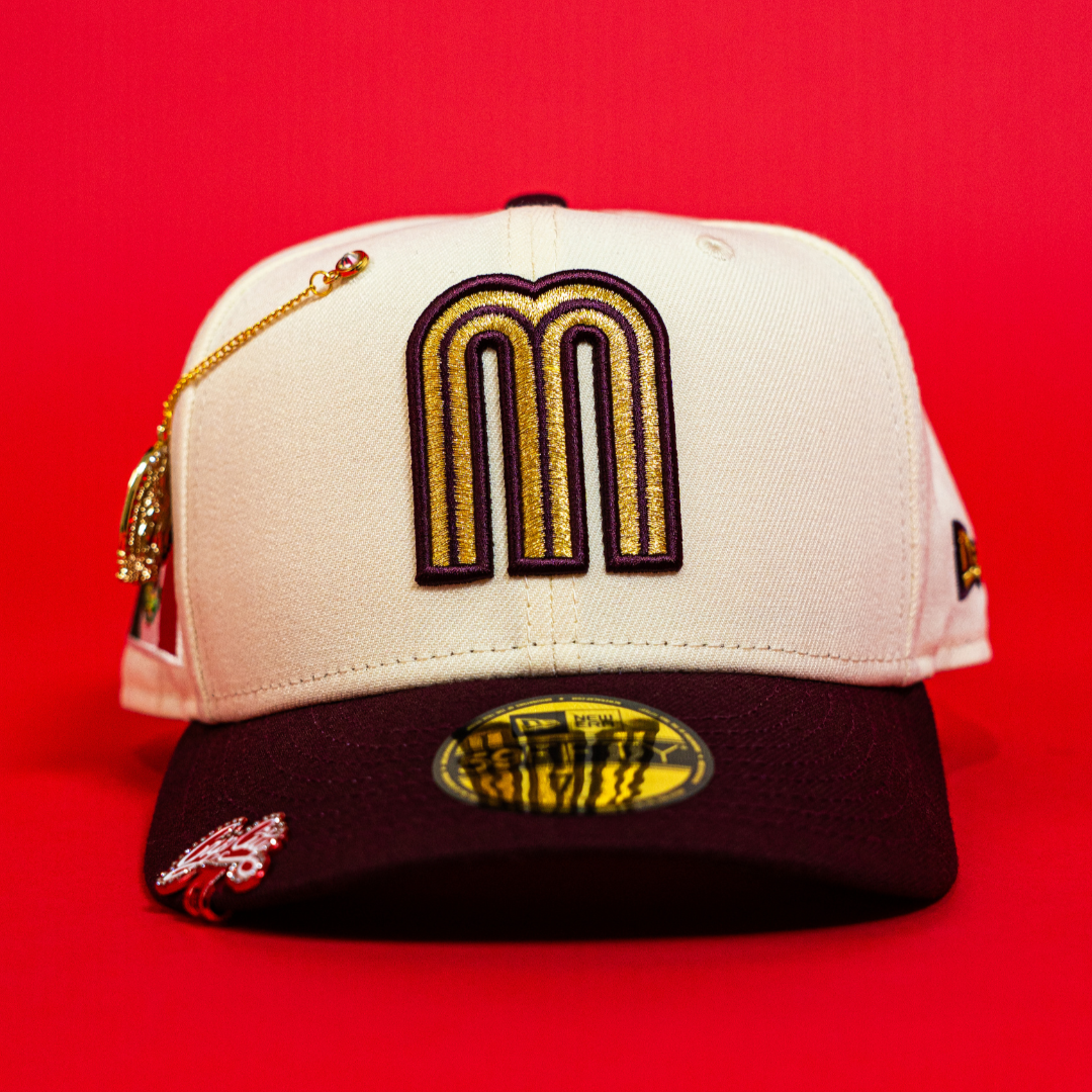 NEW ERA EXCLUSIVE 59FIFTY CHROME/ BURGUNDY MEXICO 2025 WORLD BASEBALL CLASSIC W/ MEXICO FLAG SIDE PATCH