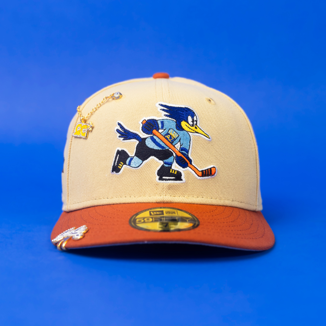 NEW ERA EXCLUSIVE 59FIFTY VEGAS GOLD/ RUST "HOCKEY LEAGUE" W/ 5TH ANNIVERSARY SIDE PATCH