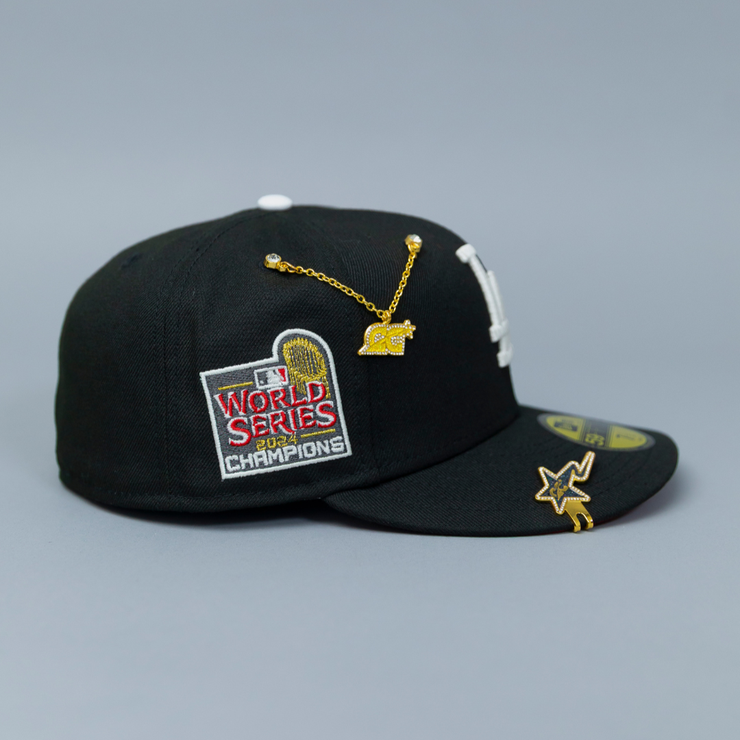 NEW ERA EXCLUSIVE 59FIFTY BLACK LOS ANGELES DODGERS W/ 2024 WORLD SERIES CHAMPIONS SIDE PATCH