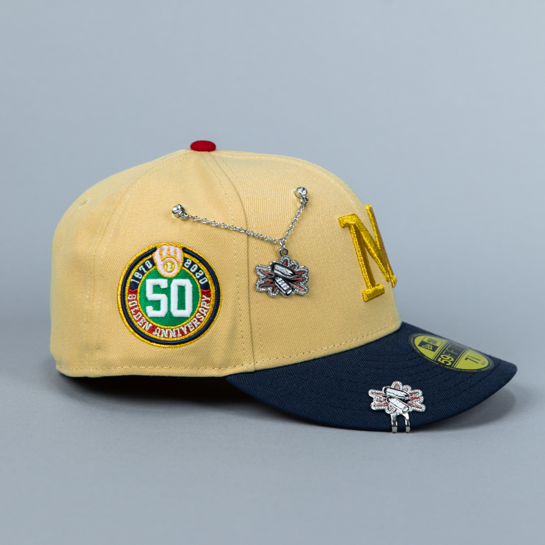 NEW ERA EXCLUSIVE 59FIFTY VEGAS GOLD/ NAVY MILWAUKEE BREWERS W/ 50TH ANNIVERSARY SIDE PATCH