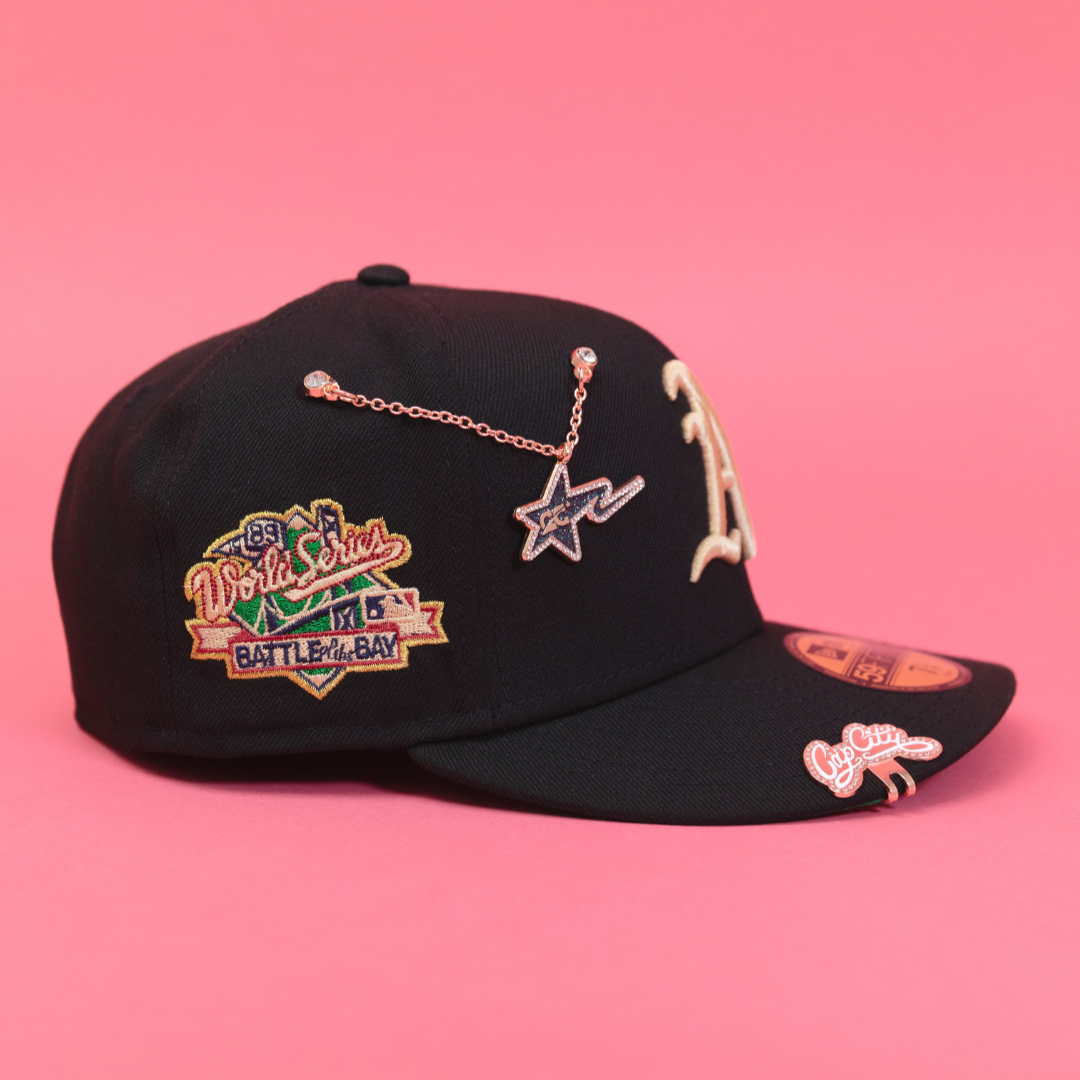 NEW ERA EXCLUSIVE 59FIFTY BLACK OAKLAND ATHLETICS W/ "BATTLE OF THE BAY" SIDE PATCH