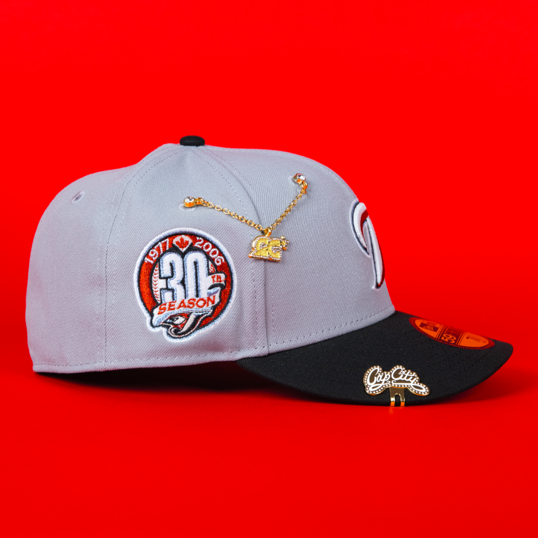 NEW ERA EXCLUSIVE 59FIFTY GREY/ BLACK TORONTO BLUEJAYS W/ 30TH SEASON SIDE PATCH