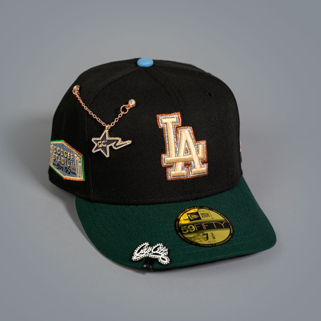NEW ERA EXCLUSIVE 59FIFTY BLACK/ FOREST GREEN LOS ANGELES DODGERS W/ DODGER STADIUM SIDE PATCH