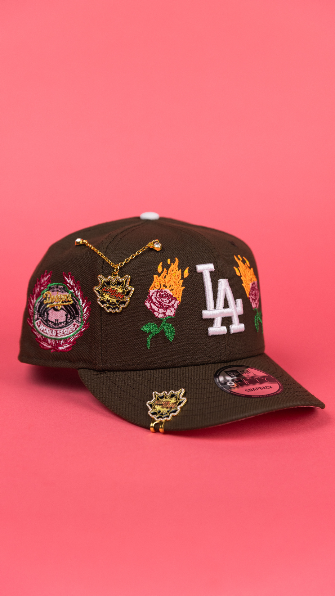NEW ERA EXCLUSIVE 9FIFTY BROWN LOS ANGELES DODGERS SNAPBACK W/ PINK ROSES + WORLD SERIES SIDE PATCH