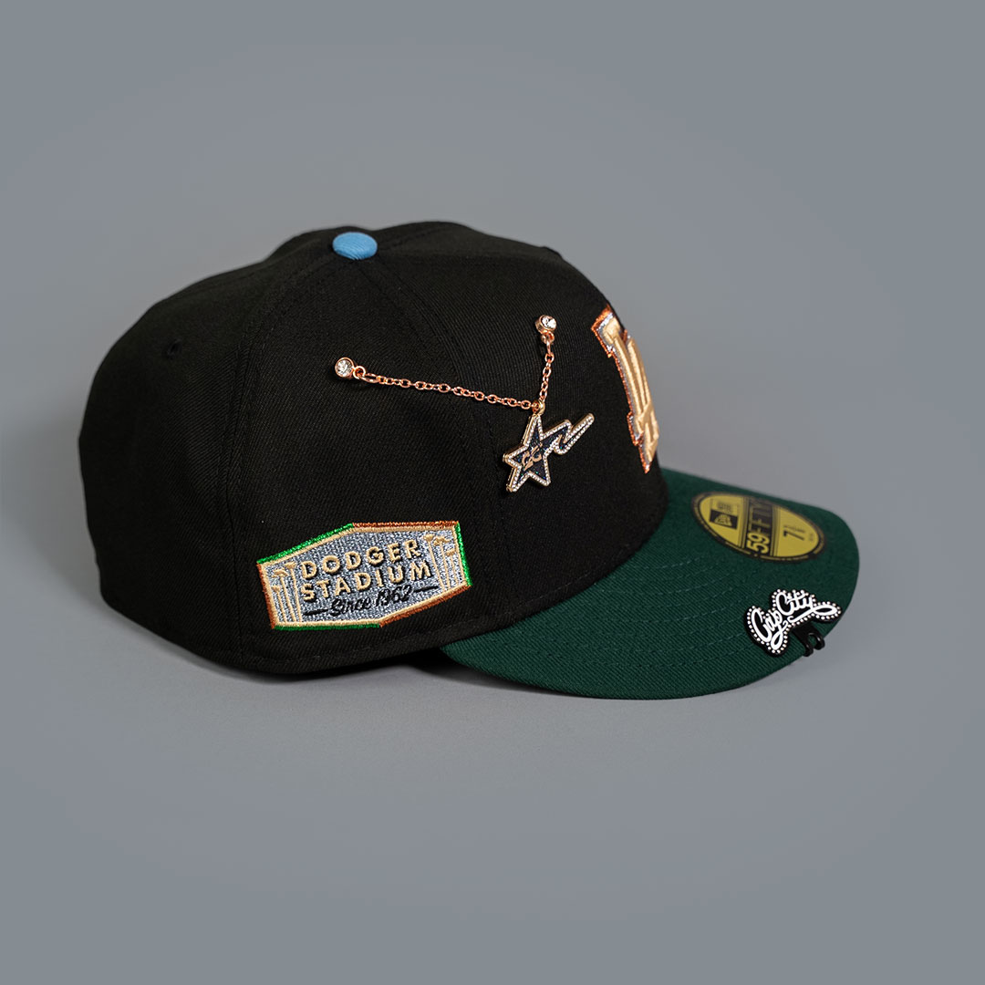NEW ERA EXCLUSIVE 59FIFTY BLACK/ FOREST GREEN LOS ANGELES DODGERS W/ DODGER STADIUM SIDE PATCH