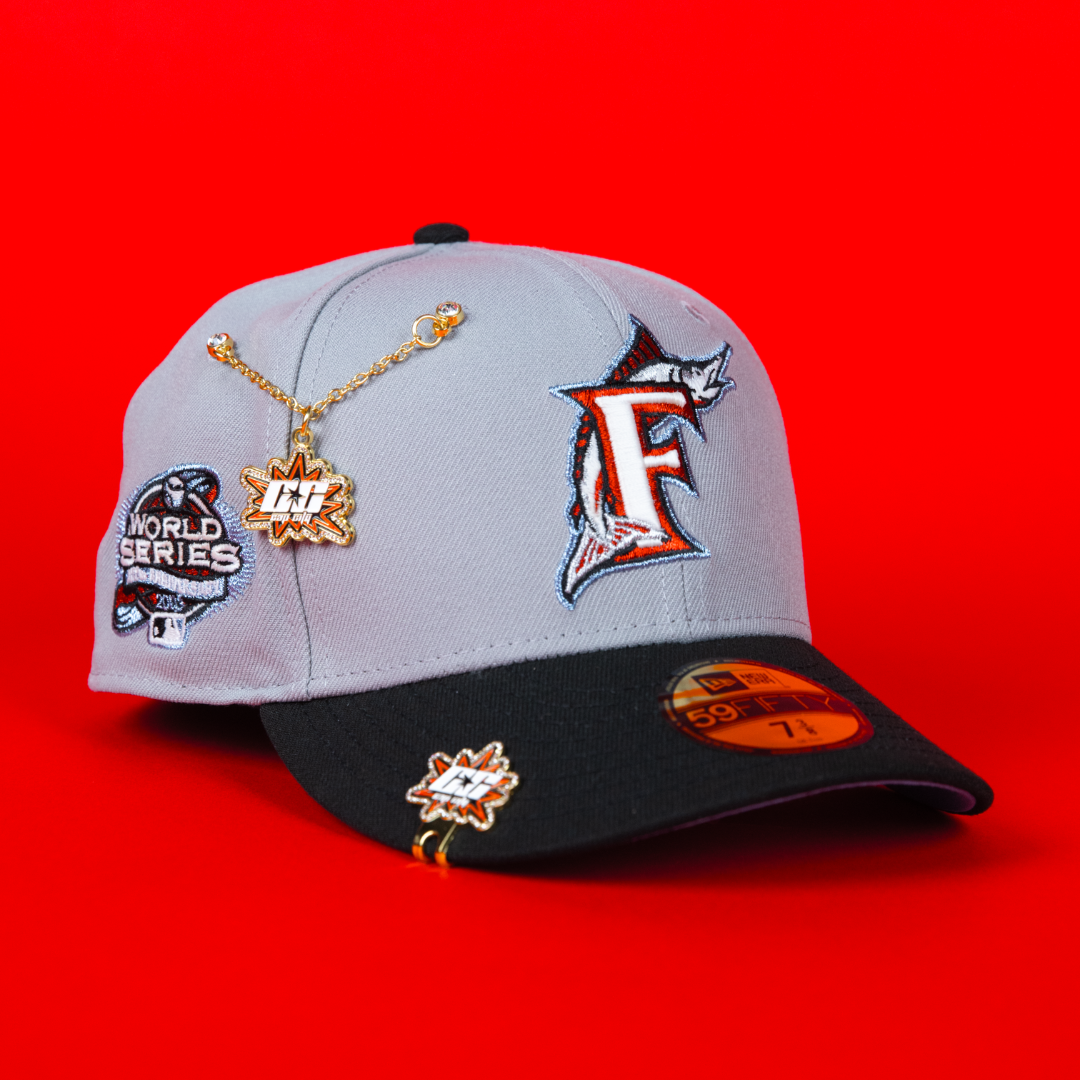 NEW ERA EXCLUSIVE 59FIFTY GREY/ BLACK FLORIDA MARLINS W/ 1997 WORLD SERIES SIDE PATCH