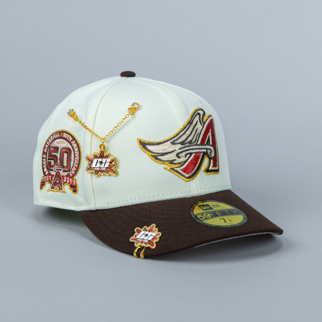 NEW ERA 59FIFTY CHROME/ BROWN ANAHEIM ANGELS W/ 50TH ANNIVERSARY SIDE PATCH