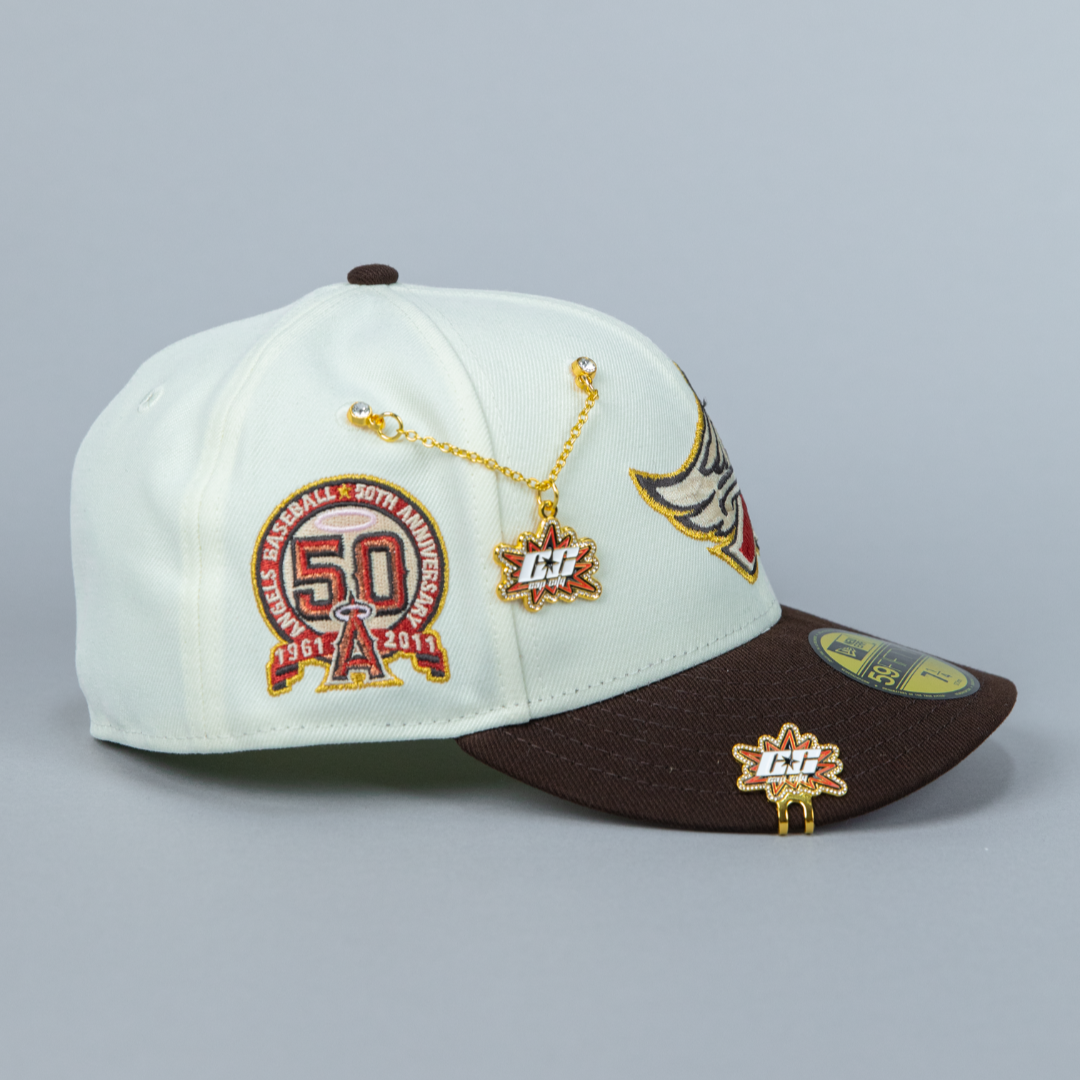 NEW ERA 59FIFTY CHROME/ BROWN ANAHEIM ANGELS W/ 50TH ANNIVERSARY SIDE PATCH