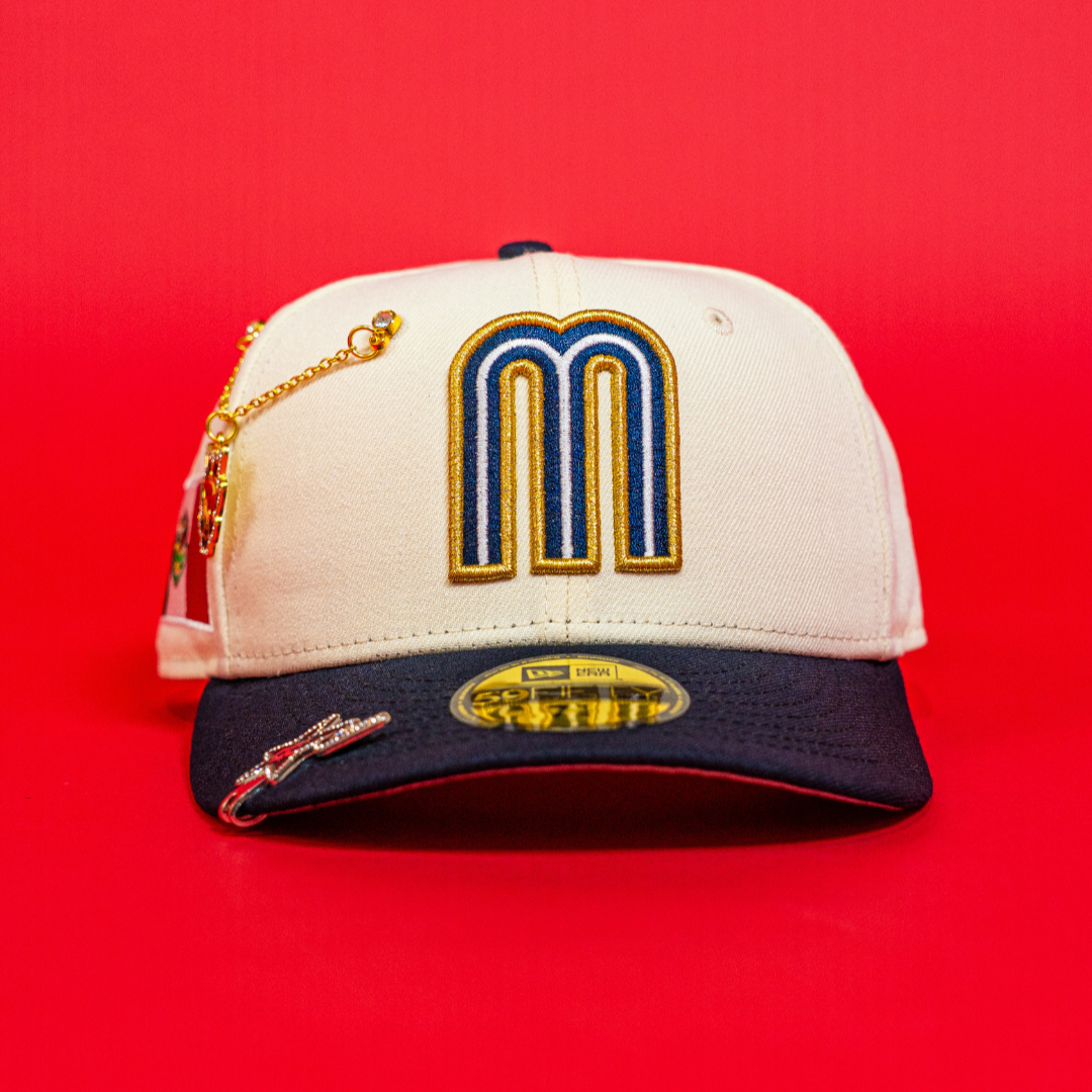 NEW ERA EXCLUSIVE 59FIFTY CHROME/ NAVY MEXICO 2025 WORLD BASEBALL CLASSIC W/ MEXICO FLAG SIDE PATCH
