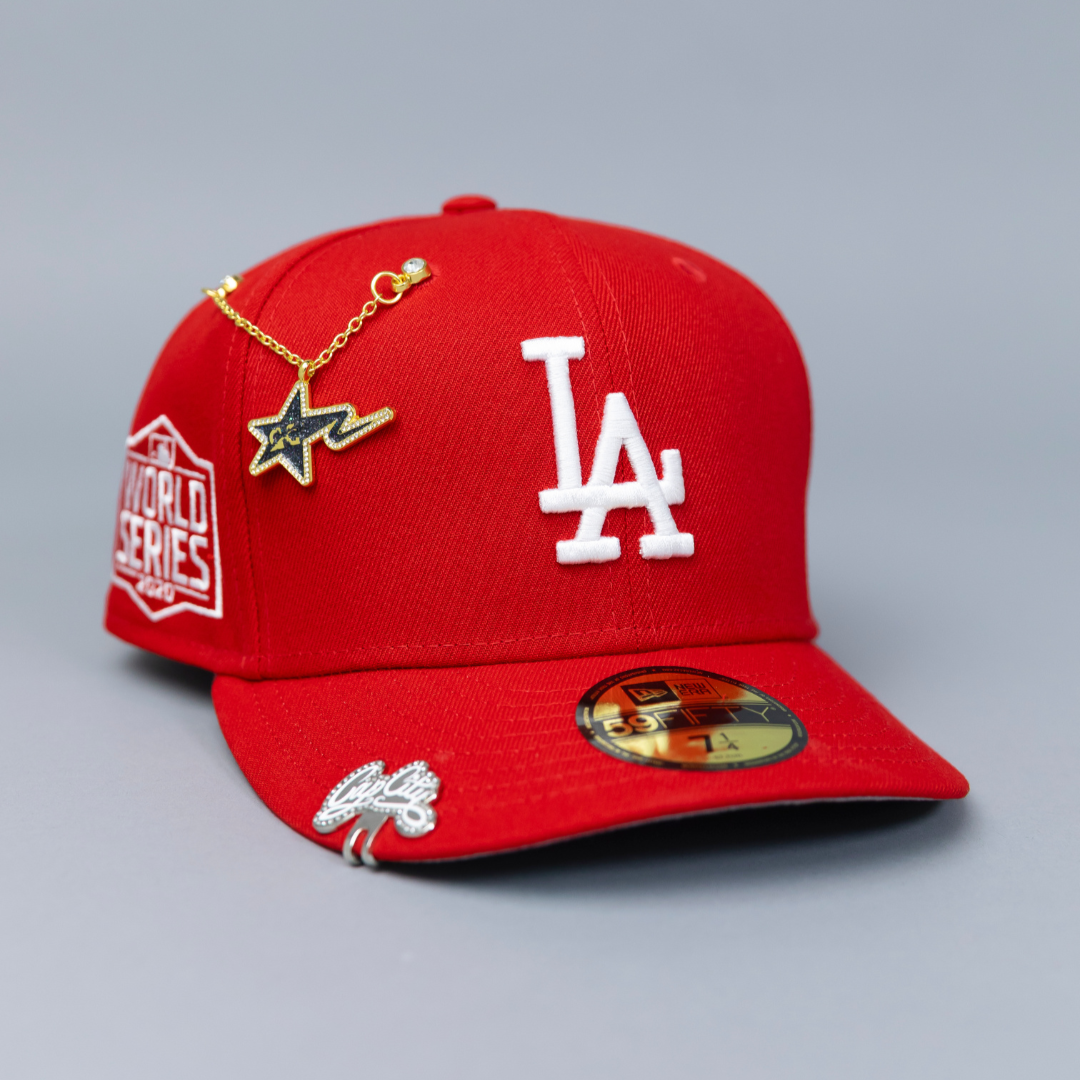 NEW ERA EXCLUSIVE 59FIFTY RED LOS ANGELES DODGERS W/ 2020 WORLD SERIES SIDE PATCH