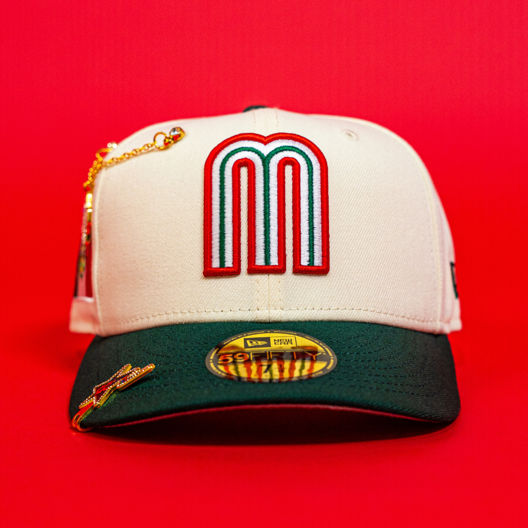 NEW ERA EXCLUSIVE 59FIFTY CHROME/ FOREST GREEN MEXICO 2025 WORLD BASEBALL CLASSIC W/ MEXICO FLAG SIDE PATCH