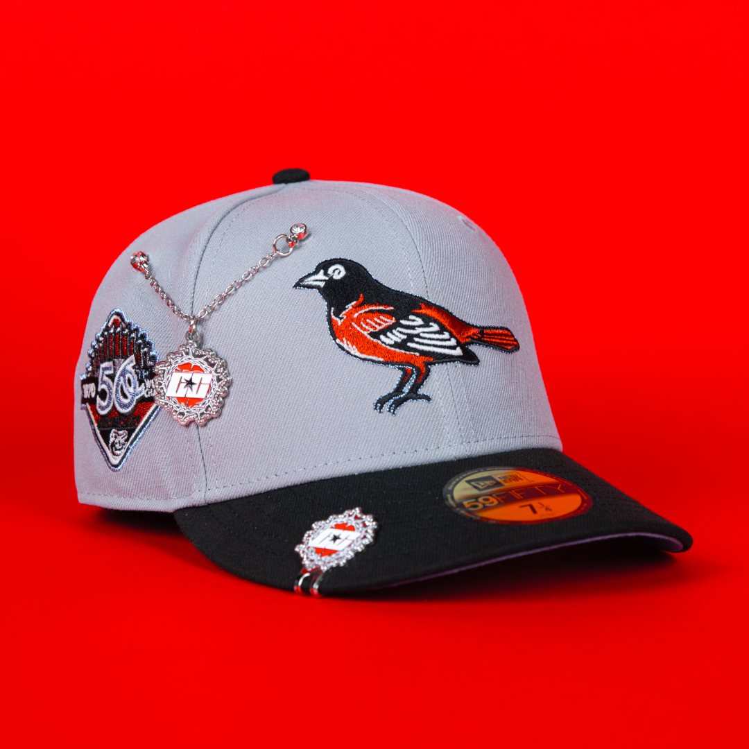 NEW ERA EXCLUSIVE 59FIFTY GREY/ BLACK BALTIMORE ORIOLES W/ 50TH ANNIVERSARY SIDE PATCH