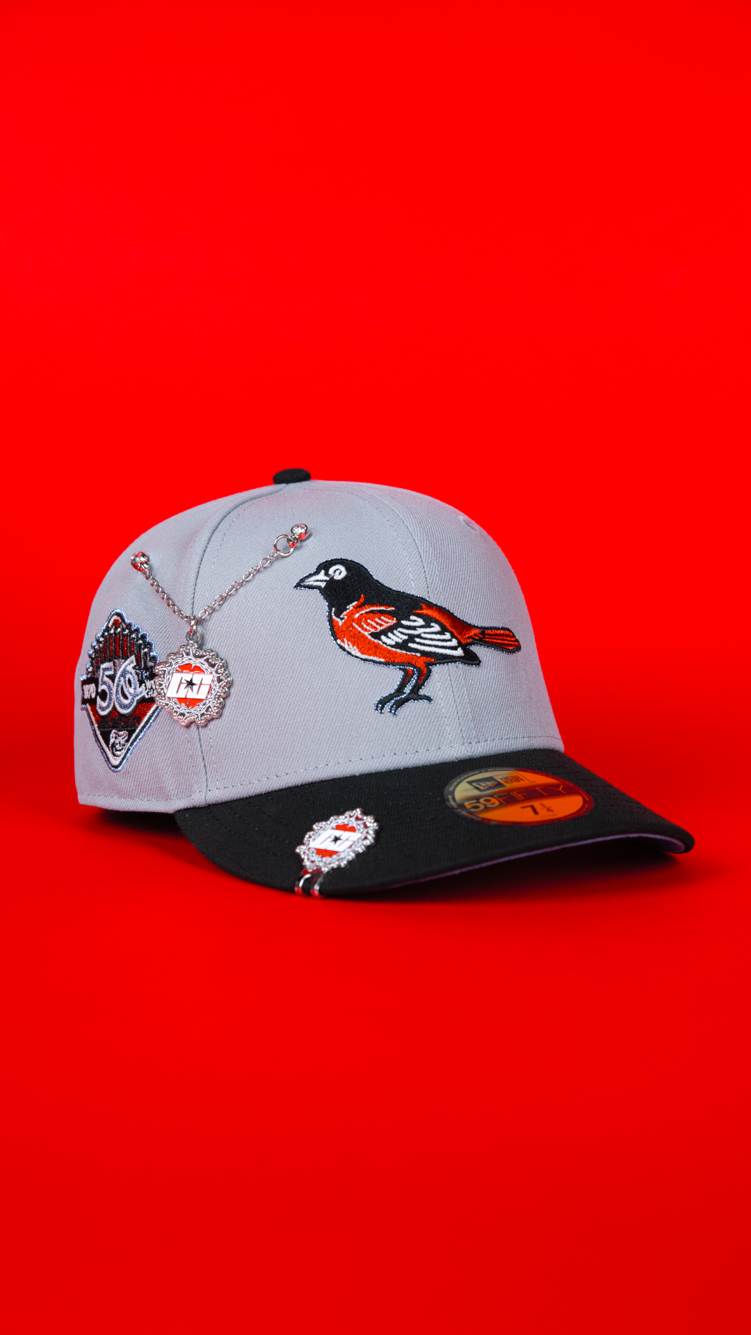 NEW ERA EXCLUSIVE 59FIFTY GREY/ BLACK BALTIMORE ORIOLES W/ 50TH ANNIVERSARY SIDE PATCH