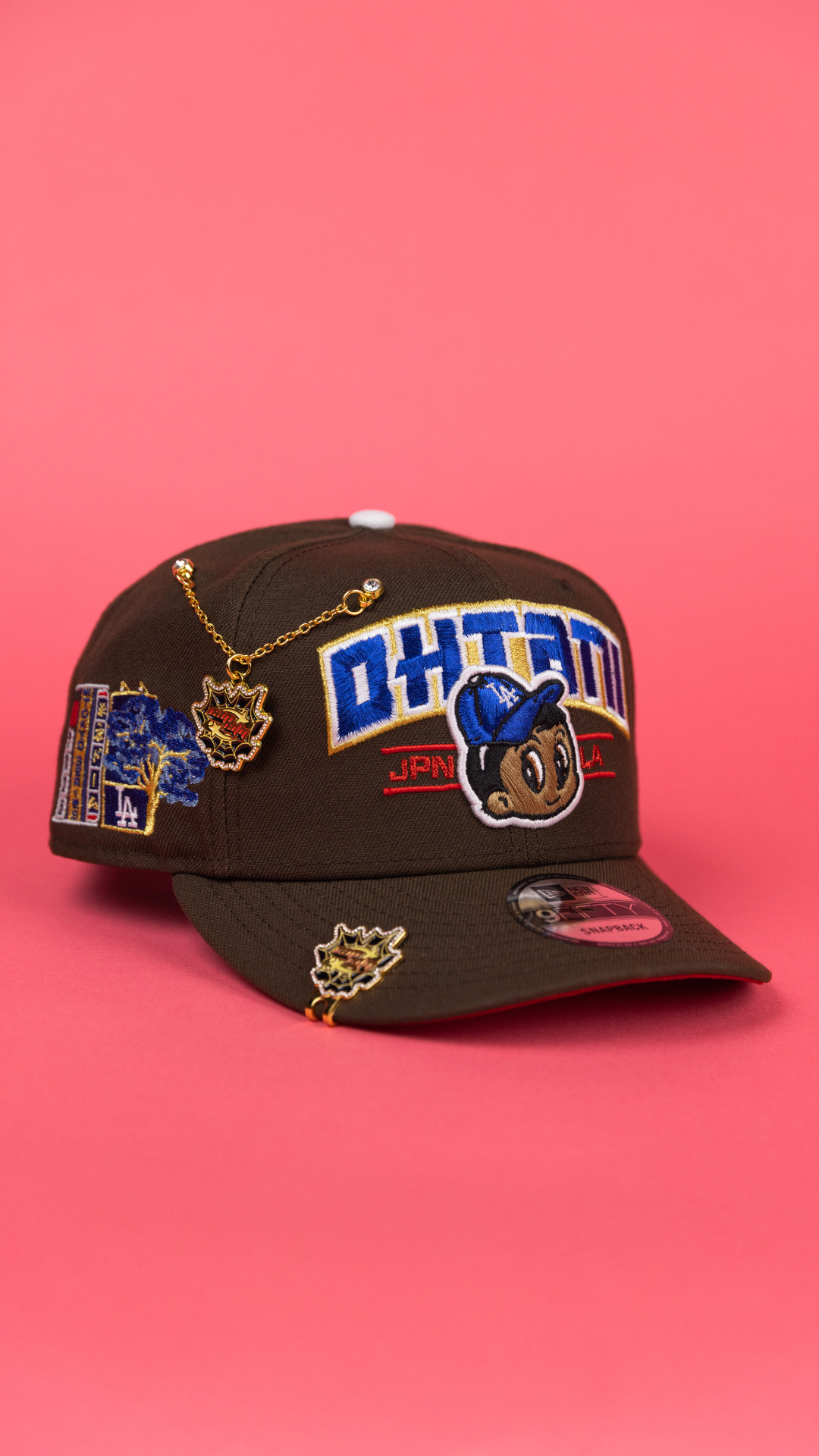 NEW ERA EXCLUSIVE 9FIFTY BROWN LOS ANGELES DODGERS SNAPBACK W/ SHOHEI OHTANI SCRIPT + JAPANESE BLUE BOLOSSOM SIDE PATCH