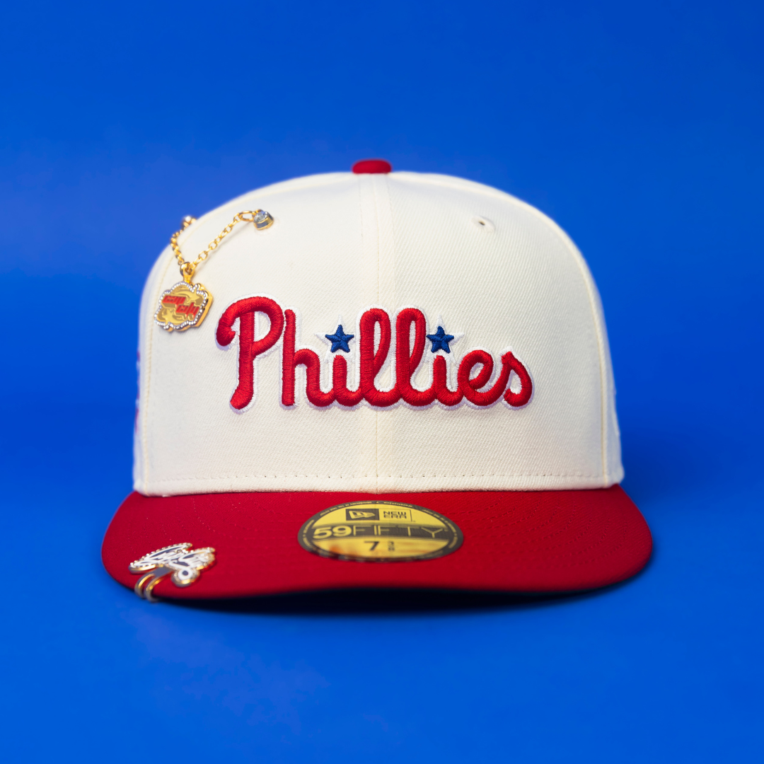 NEW ERA EXCLUSIVE 59FIFTY CHROME/ RED PHILADELPHIA PHILLIES SCRIPT W/ "PHILLIES" LOGO SIDE PATCH