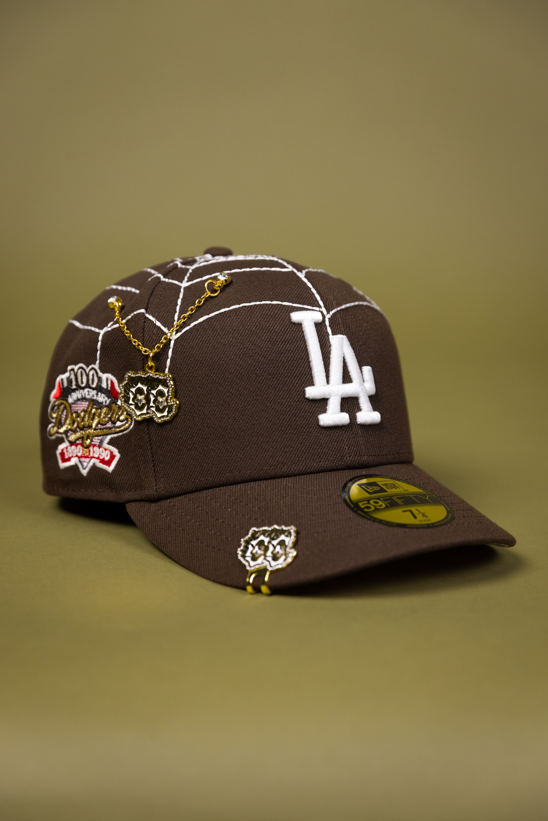 NEW ERA EXCLUSIVE 59FIFTY BROWN LOS ANGELES DODGERS W/ SPIDER WEB + 100TH ANNIVERSARY SIDE PATCH