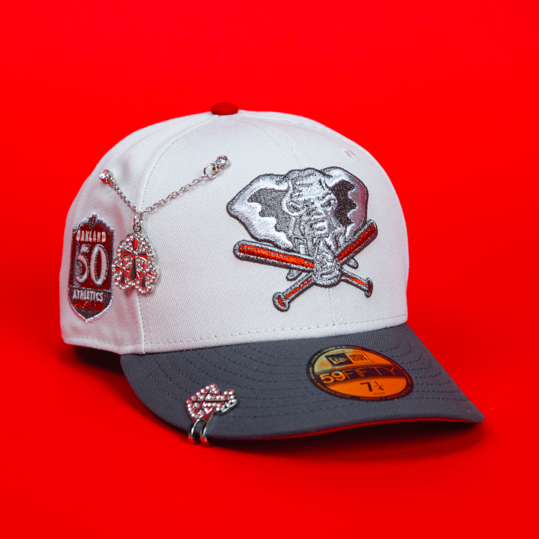 NEW ERA EXCLUSIVE 59FIFTY SMOKE GREY OAKLAND ATHLETICS W/ 50TH ANNIVERSARY SIDE PATCH