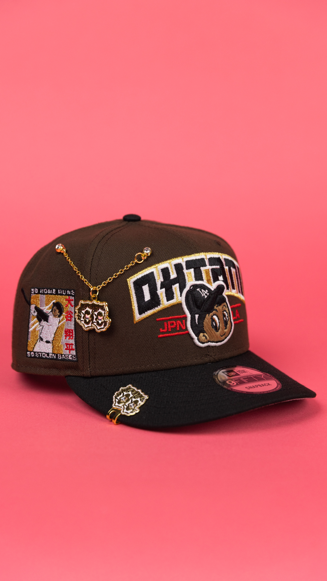 NEW ERA EXCLUSIVE 9FIFTY BROWN/ BLACK LOS ANGELES DODGERS SNAPBACK W/ SHOHEI OHTANI SCRIPT + 50-50 CLUB SIDE PATCH