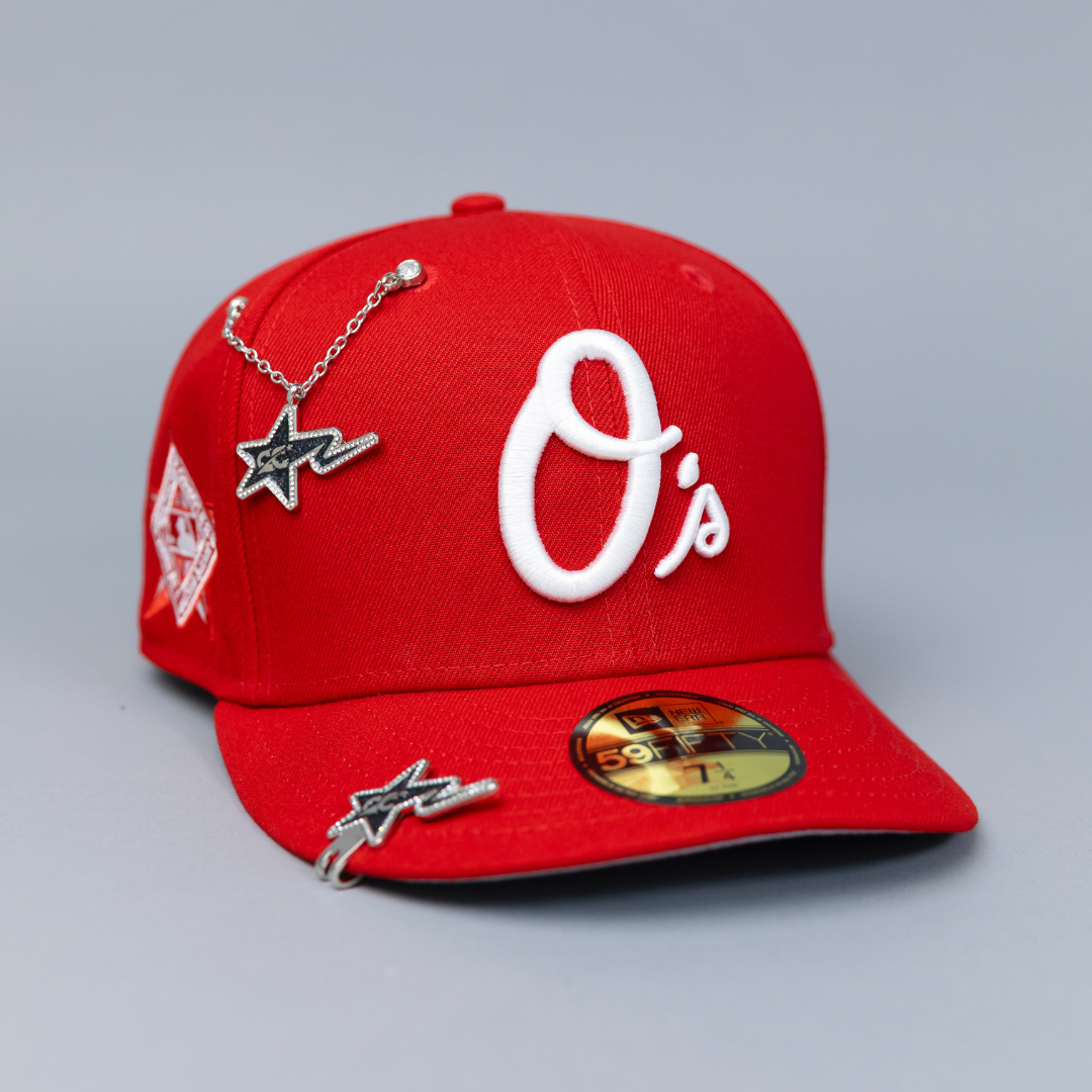 NEW ERA EXCLUSIVE 59FIFTY RED BALTIMORE ORIOLES W/ 1993 ALL STAR GAME SIDE PATCH