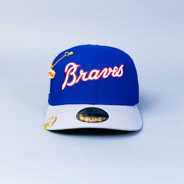 NEW ERA 59FIFTY BLUE/ GREY ATLANTA BRAVES SCRIPT W/ 40TH ANNIVERSARY SIDE PATCH
