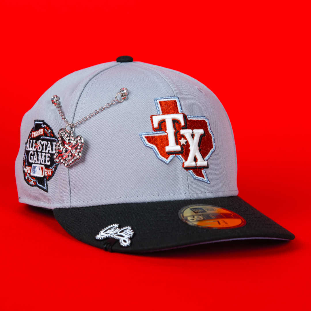 NEW ERA EXCLUSIVE 59FIFTY GREY/ BLACK TEXAS RANGERS W/ ALL STAR GAME SIDE PATCH