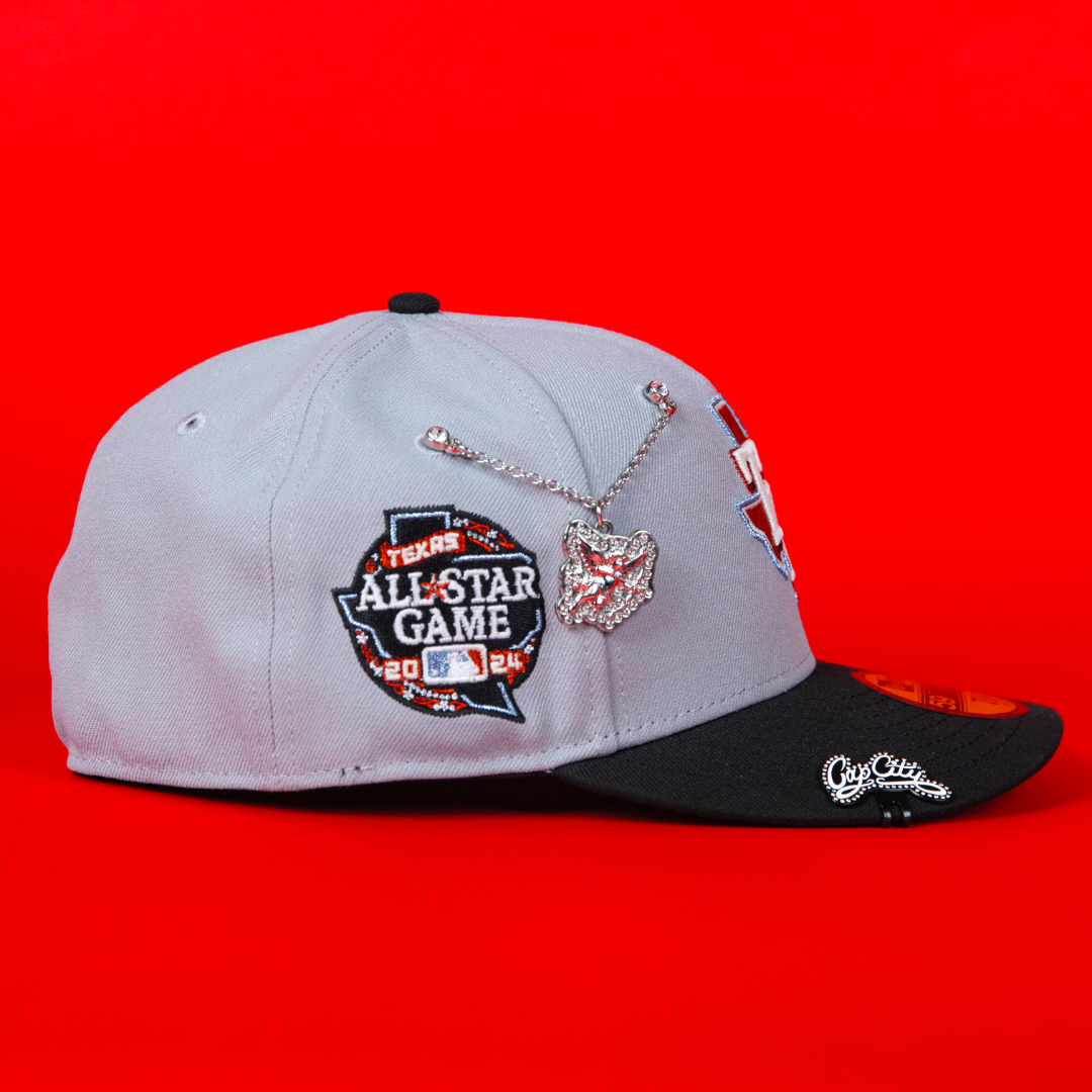 NEW ERA EXCLUSIVE 59FIFTY GREY/ BLACK TEXAS RANGERS W/ ALL STAR GAME SIDE PATCH