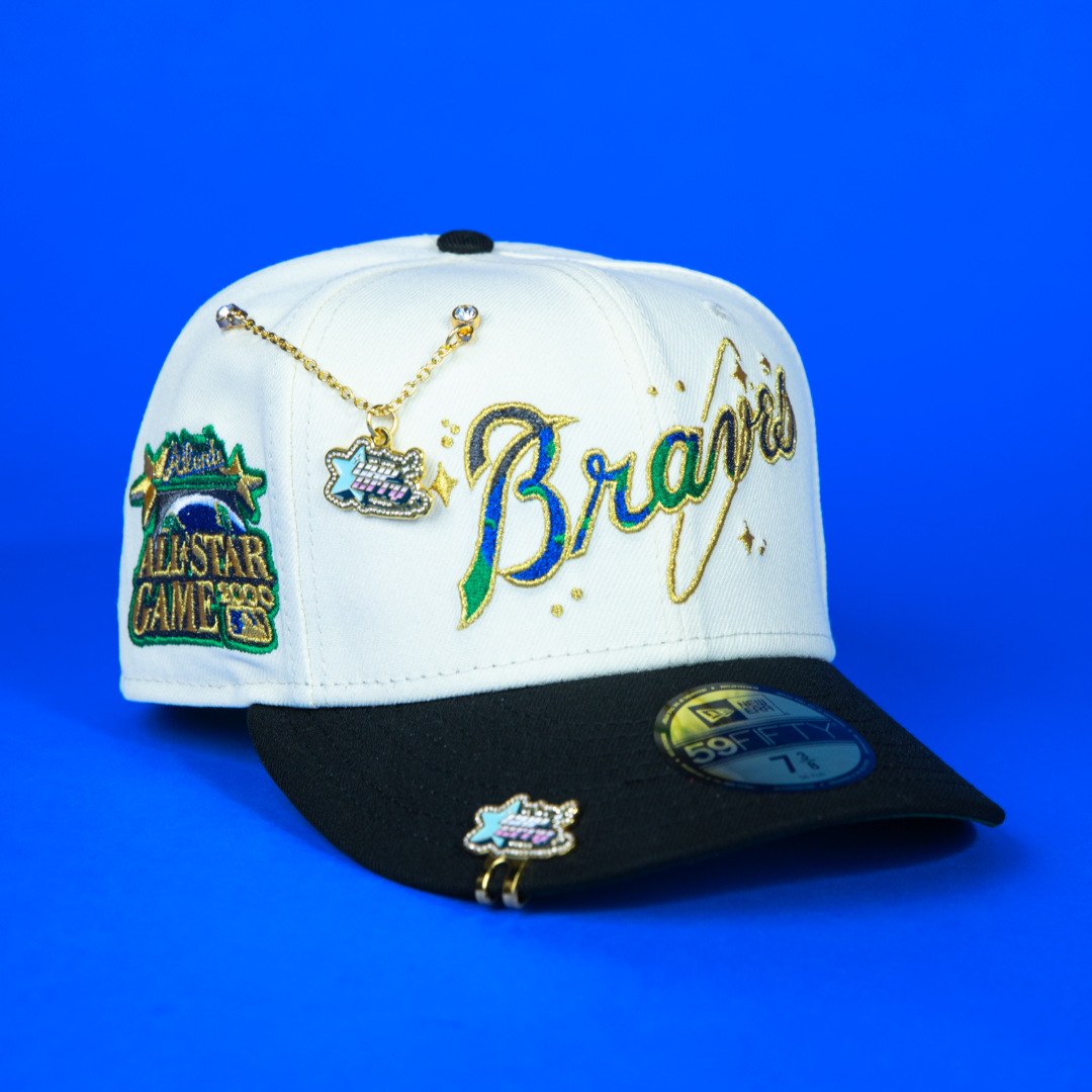 NEW ERA 59FIFTY CHROME/ BLACK ATLANTA BRAVES GALAXY SCRIPT W/ 2000 ALL STAR GAME SIDE PATCH
