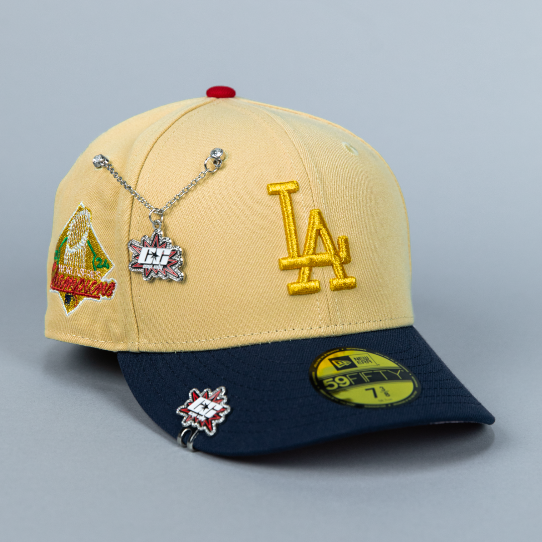 NEW ERA EXCLUSIVE 59FIFTY VEGAS GOLD/ NAVY LOS ANGELES DODGERS W/ 2024 CHAMPIONS SIDE PATCH