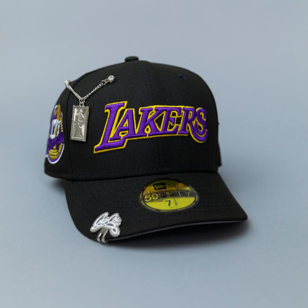 NEW ERA EXCLUSIVE 59FIFTY BLACK LOS ANGELES LAKERS SCRIPT W/ 17X CHAMPIONS SIDE PATCH