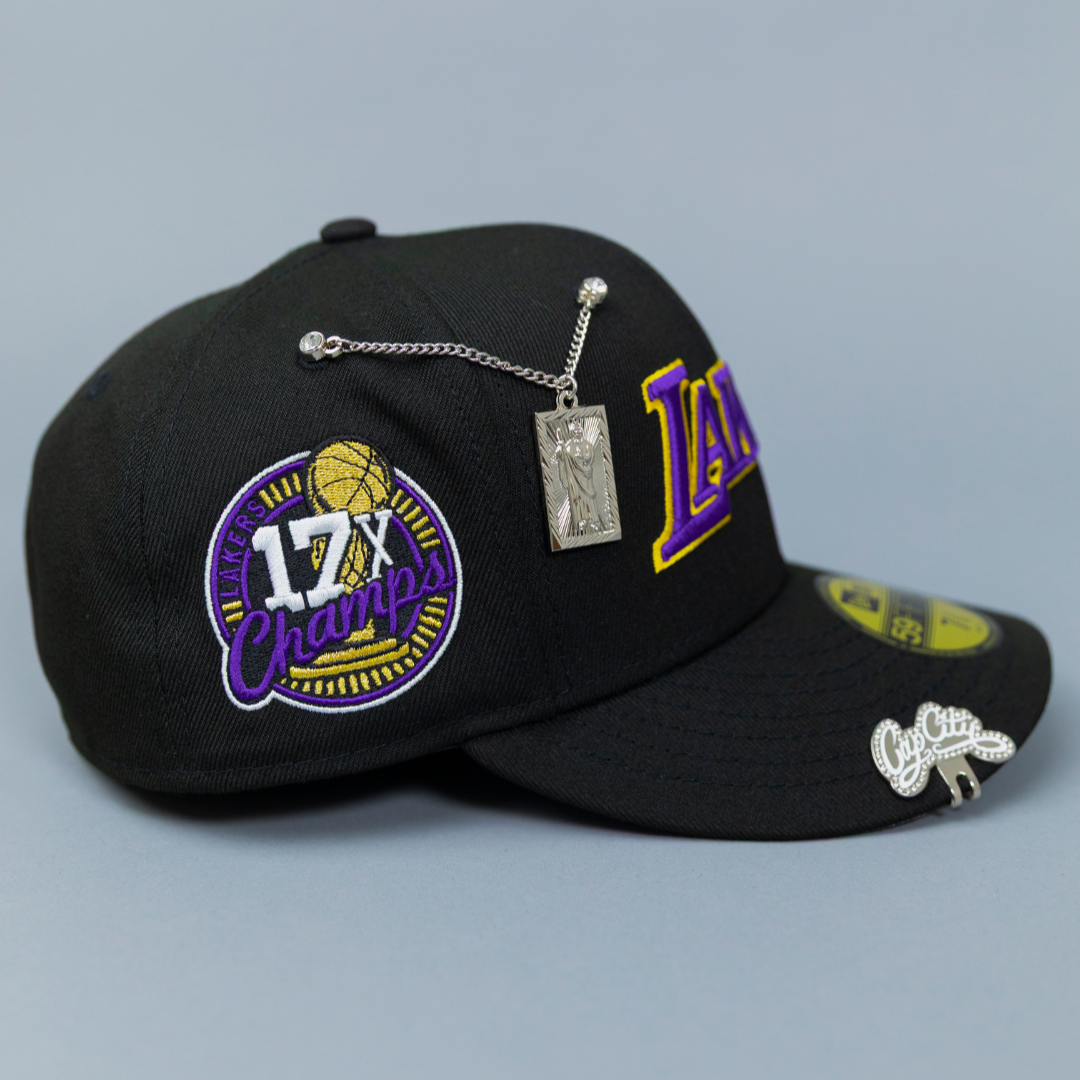 NEW ERA EXCLUSIVE 59FIFTY BLACK LOS ANGELES LAKERS SCRIPT W/ 17X CHAMPIONS SIDE PATCH