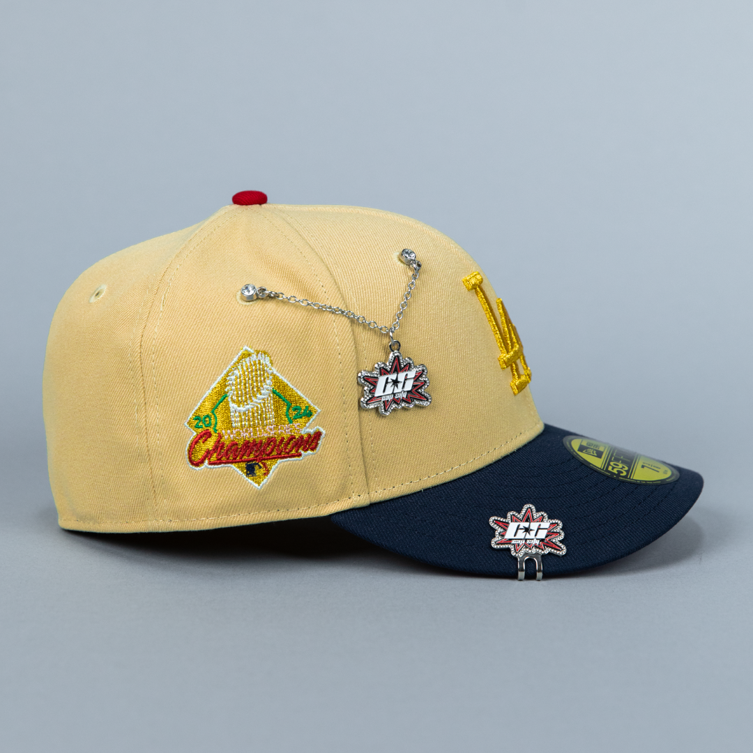 NEW ERA EXCLUSIVE 59FIFTY VEGAS GOLD/ NAVY LOS ANGELES DODGERS W/ 2024 CHAMPIONS SIDE PATCH