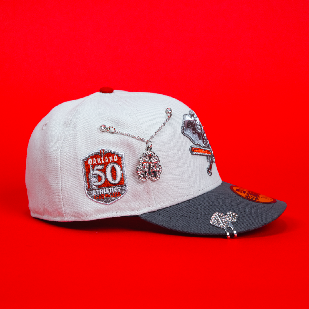 NEW ERA EXCLUSIVE 59FIFTY SMOKE GREY OAKLAND ATHLETICS W/ 50TH ANNIVERSARY SIDE PATCH