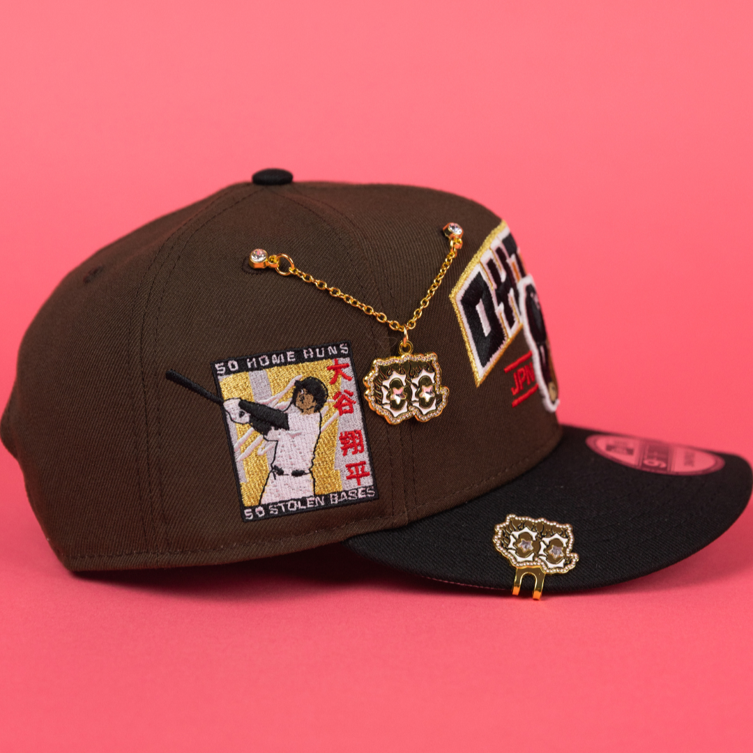 NEW ERA EXCLUSIVE 9FIFTY BROWN/ BLACK LOS ANGELES DODGERS SNAPBACK W/ SHOHEI OHTANI SCRIPT + 50-50 CLUB SIDE PATCH