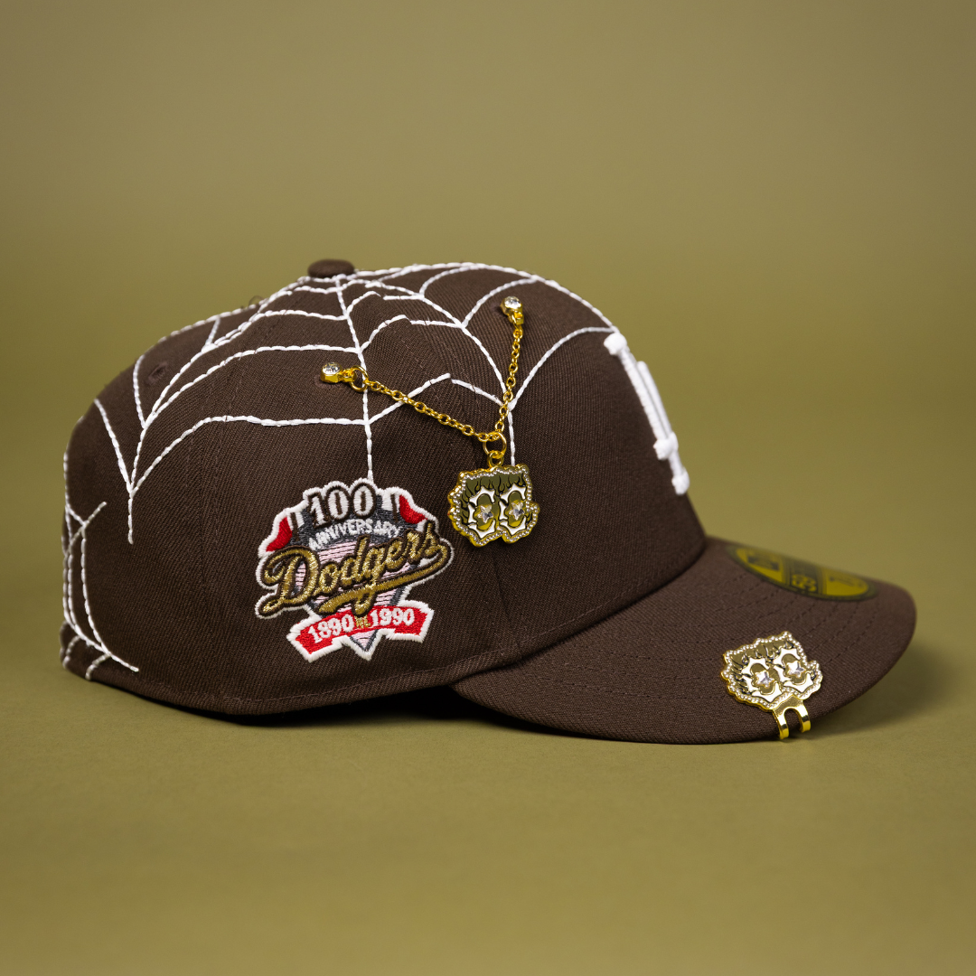 NEW ERA EXCLUSIVE 59FIFTY BROWN LOS ANGELES DODGERS W/ SPIDER WEB + 100TH ANNIVERSARY SIDE PATCH