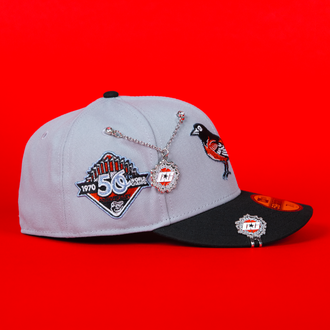 NEW ERA EXCLUSIVE 59FIFTY GREY/ BLACK BALTIMORE ORIOLES W/ 50TH ANNIVERSARY SIDE PATCH