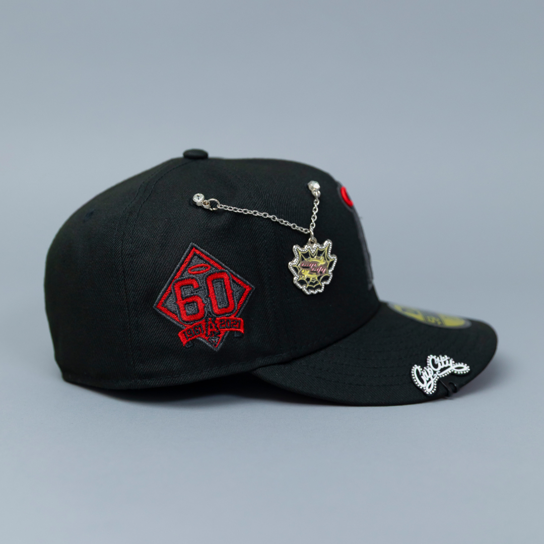 NEW ERA EXCLUSIVE 59FIFTY BLACKED OUT ANAHEIM ANGELS W/ 60TH ANNIVERSARY SIDE PATCH