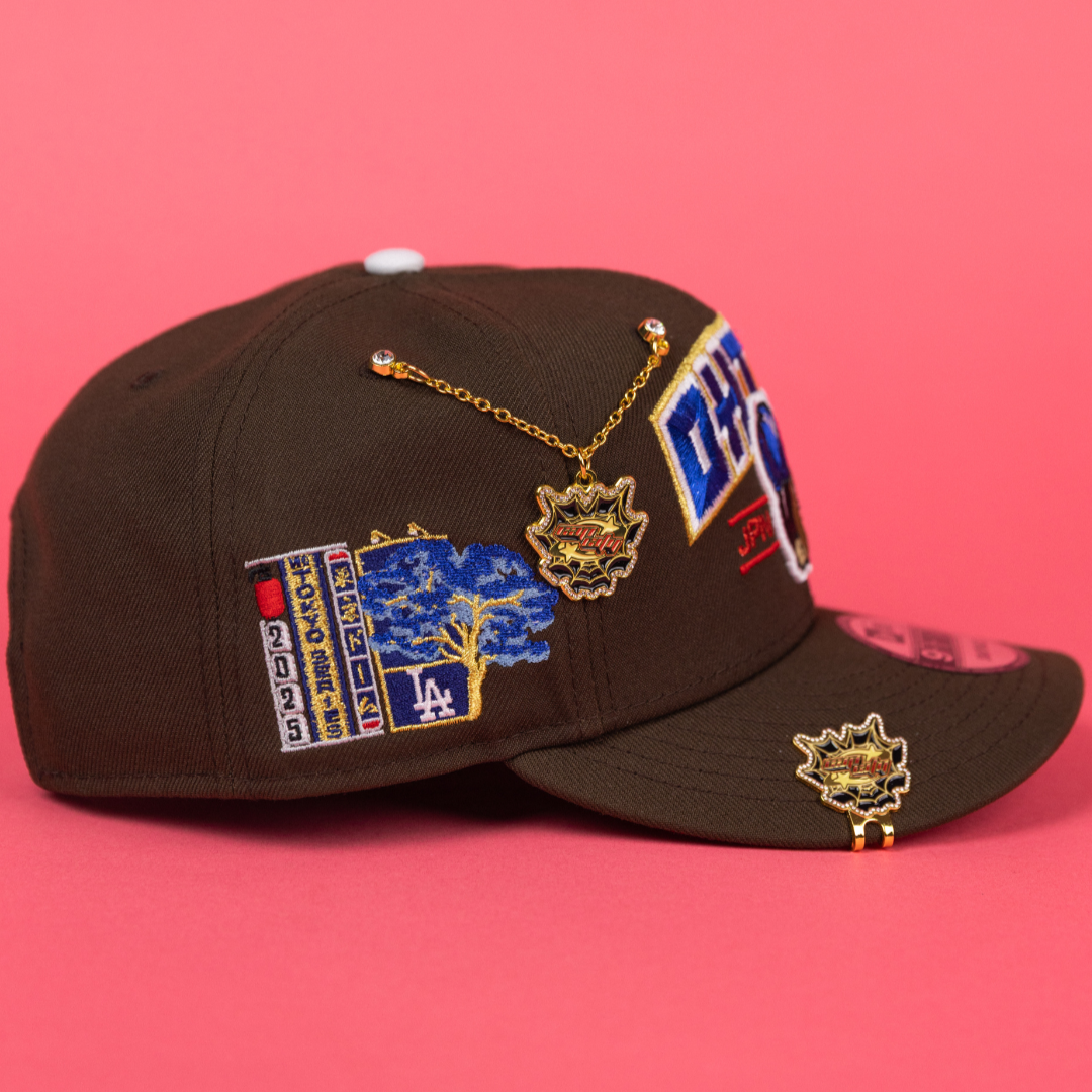NEW ERA EXCLUSIVE 9FIFTY BROWN LOS ANGELES DODGERS SNAPBACK W/ SHOHEI OHTANI SCRIPT + JAPANESE BLUE BOLOSSOM SIDE PATCH
