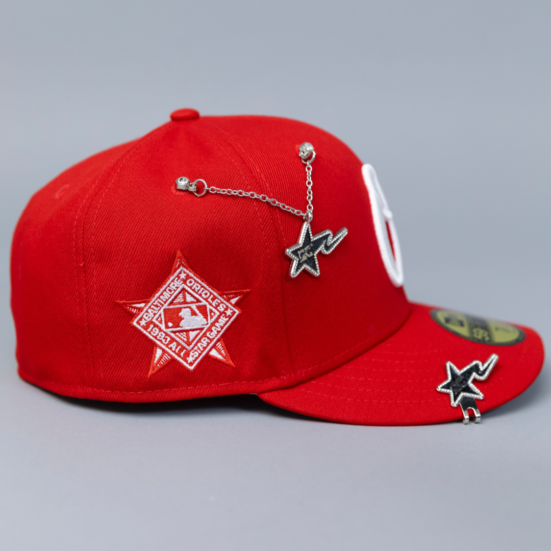 NEW ERA EXCLUSIVE 59FIFTY RED BALTIMORE ORIOLES W/ 1993 ALL STAR GAME SIDE PATCH
