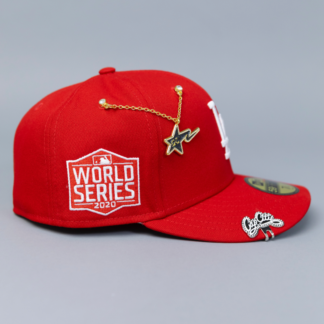 NEW ERA EXCLUSIVE 59FIFTY RED LOS ANGELES DODGERS W/ 2020 WORLD SERIES SIDE PATCH