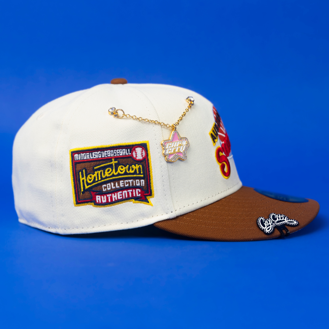 NEW ERA EXCLUSIVE 59FIFTY CHROME/ WALNUT AUBURN SUNSETS W/ HOMETOWN COLLECTION SIDE PATCH
