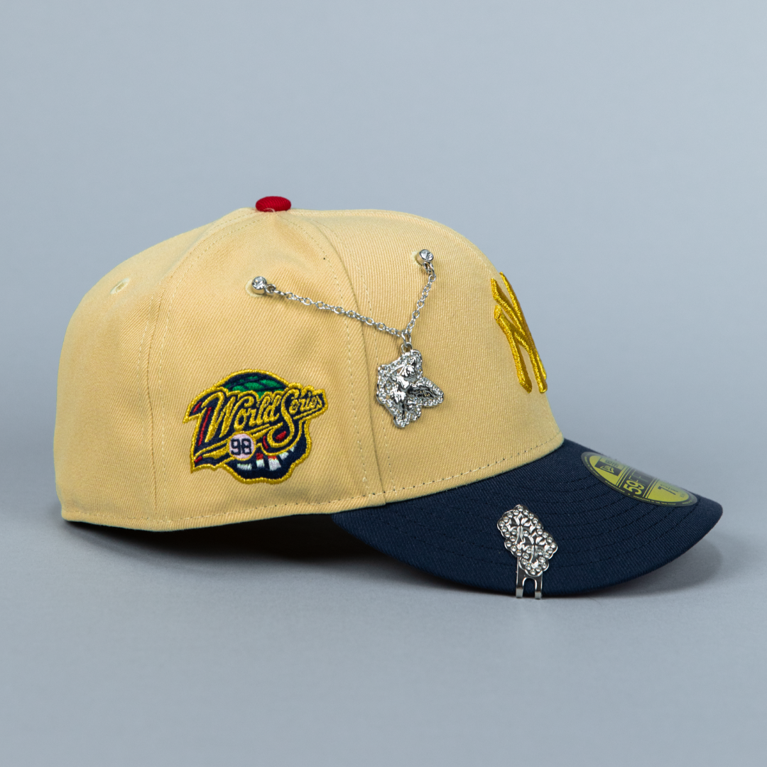 NEW ERA EXCLUSIVE 59FIFTY VEGAS GOLD/ NAVY NEW YORK YANKEES W/ 1998 WORLD SERIES SIDE PATCH