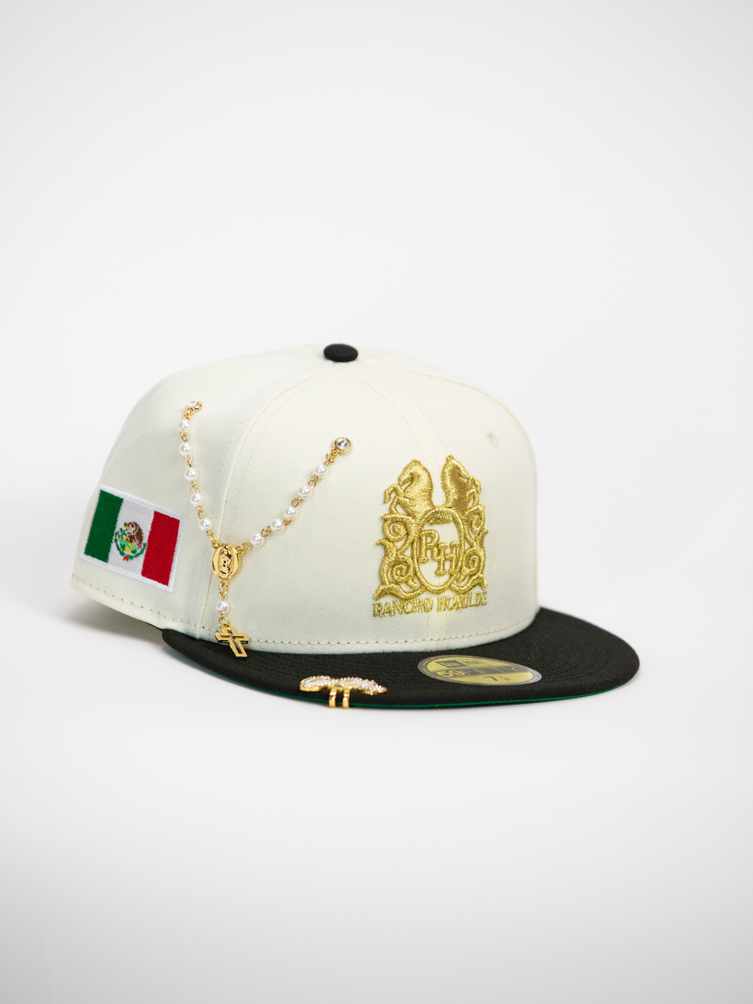NEW* "RANCHO HUMILDE x NEW ERA x CAP CITY" WHITE/BLACK 59FIFTY FITTED W/ MEXICAN FLAG & GREEN UV *FREE ACCESSORY INCLUDED