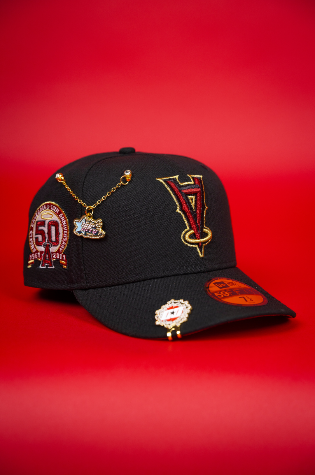 NEW ERA EXCLUSIVE 59FIFTY BLACK UPSIDE DOWN ANAHEIM ANGELS W/ 50TH ANNIVERSARY SIDE PATCH