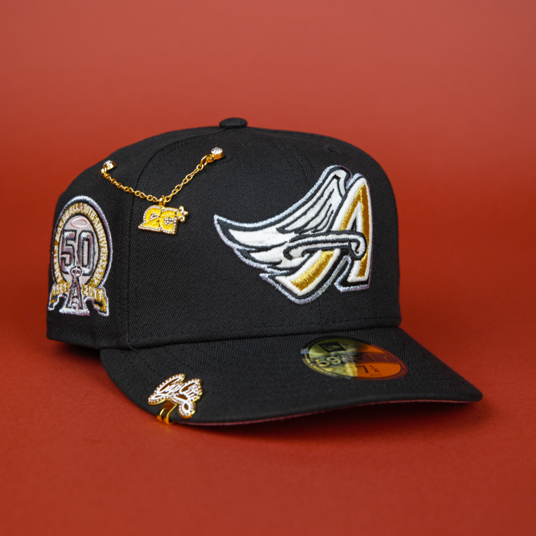 NEW ERA EXCLUSIVE 59FIFTY BLACK ANAHEIM ANGELS W/ 50TH ANNIVERSARY SIDE PATCH